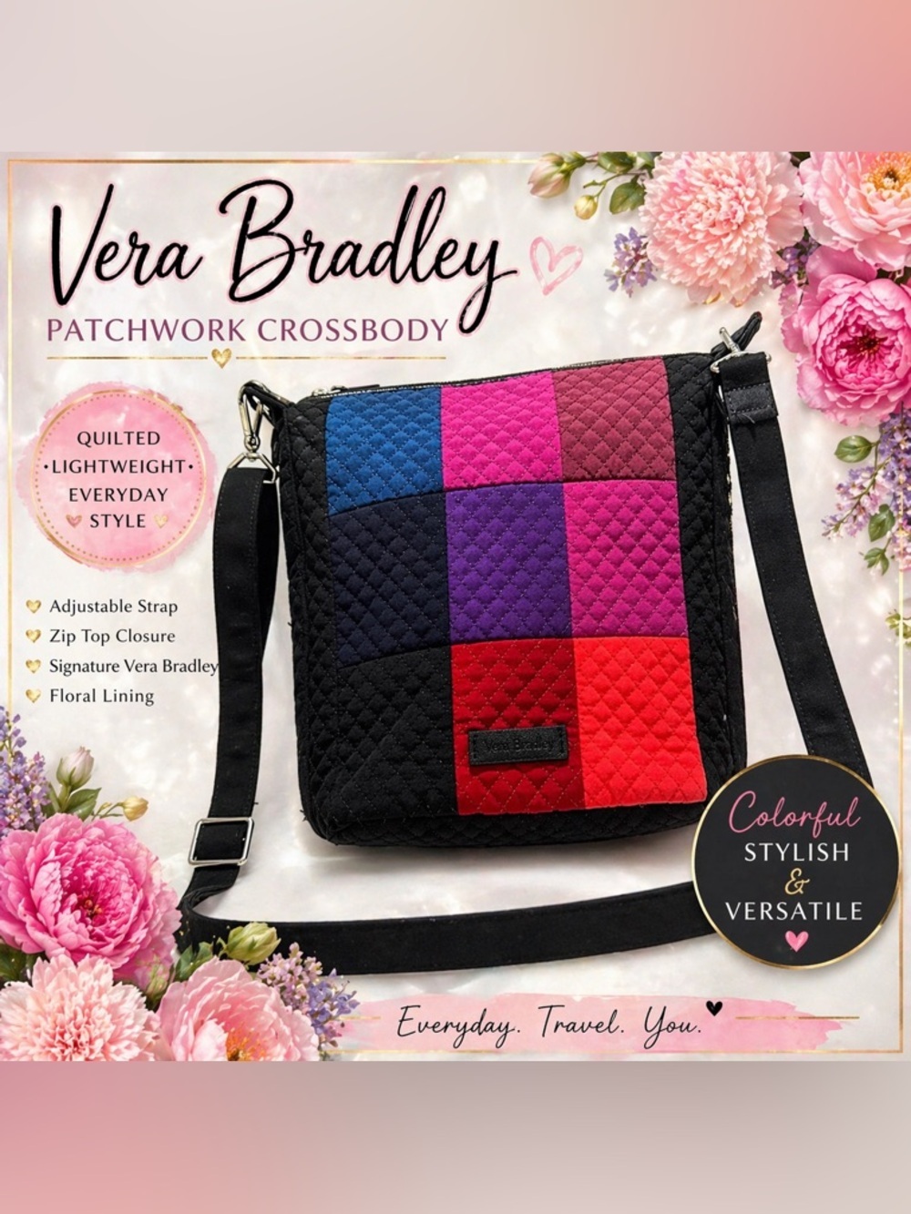 Vera Bradley Black Multicolor Patchwork Quilted Crossbody Bag